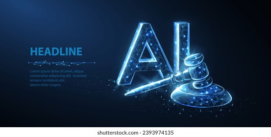 AI and law. Symbolizing the judicial law system and artificial intelligence, this image represents the intersection of jurisprudence and the prohibition or ban of AI. Abstract 3d digital concept