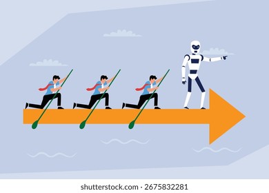 AI leading a business team. A robot leader pointing the way forward as a team of businessmen rows a boat shaped like an arrow 2d flat vector illustration