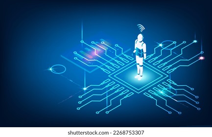 AI Learning and Artificial Intelligence background concept. Assistant Robot, Machine learning, Digital Brain future technology. Vector Illustration eps10