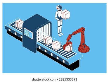 AI Learning and Artificial Intelligence Concept with Industrial packing system process, Autonomous robots, Machine learning, Digital Brain future technology.  Vector Illustration eps10