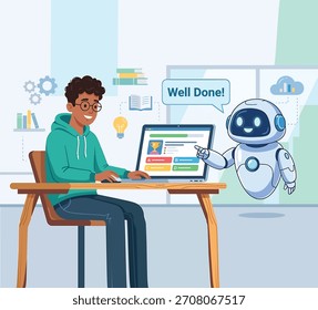 AI Learning Assistant Helping Student - Education Technology Illustration mit Roboter und Computer