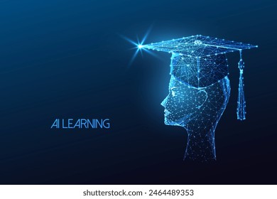 AI learning futuristic concept with humanoid head wearing graduation cap on dark blue background. Education and technology integration. Glowing polygonal style. Modern design vector illustration.