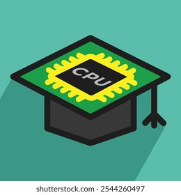 AI learning, graduation cap, cpu or microprocessor chip, vector illustration 