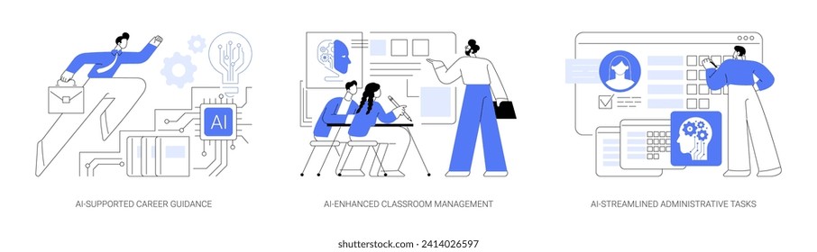 AI in Learning Management abstract concept vector illustration set. AI-Supported Career Guidance, AI-Enhanced modern Classroom Management, AI-Streamlined Administrative Tasks abstract metaphor.