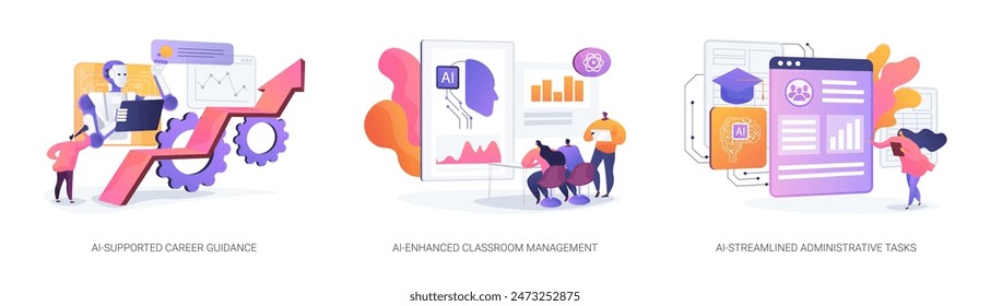 Conjunto de Ilustración vectorial de concepto abstracto de AI en Learning Management. Orientación profesional apoyada por la IA, Administración de aula moderna mejorada por la IA, Metáfora abstracta de tareas administrativas optimizadas por la IA.