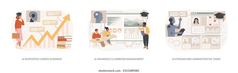 AI in Learning Management abstract concept vector illustration set. AI-Supported Career Guidance, AI-Enhanced modern Classroom Management, AI-Streamlined Administrative Tasks abstract metaphor.