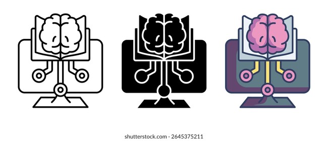 AI learning path icon represented by brain, book, monitor, network Line, Filled, Color style.