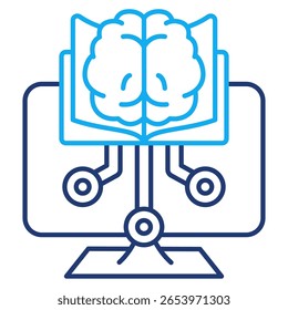AI learning path icon represented by brain, book, monitor, network Dual Line style.