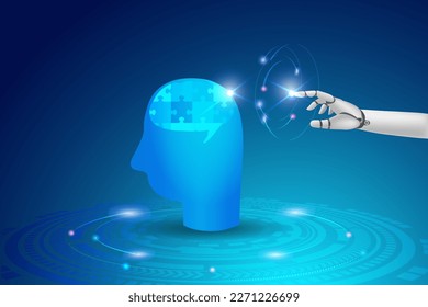 AI learning. Robot hand touching human brain in jigsaw pieces learning and transit knowledge innovation technology between human and robot. Vector.