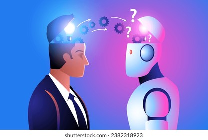 AI learning, robot inputting information from a human head into its own. Conveys the idea of knowledge transfer and the capabilities of artificial intelligence to absorb and process human insights