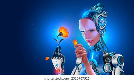 AI learns world. Artificial intelligence in humanoid head take in arm artificial robotic flower. Woman anthropomorphic cyborg or robot. Computer neural network Learning. AI with electronic brain.