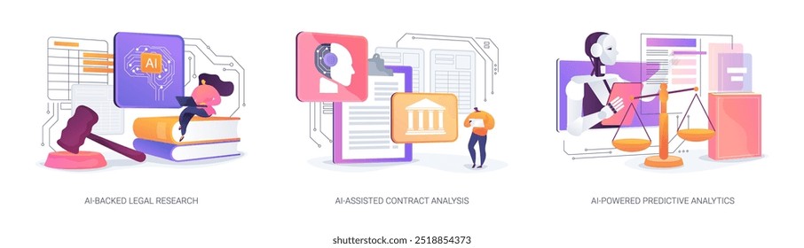 AI em Serviços Jurídicos conceito abstrato vetor ilustração conjunto. AI-Backed Legal Research, jurisprudência e estatutos, AI-Assisted Contract Analysis, AI-Powered Predictive Analytics abstract metaphor.