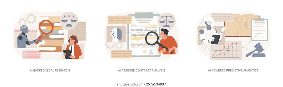 AI in Legal Services abstract concept vector illustration set. AI-Backed Legal Research, case law and statutes, AI-Assisted Contract Analysis, AI-Powered Predictive Analytics abstract metaphor.