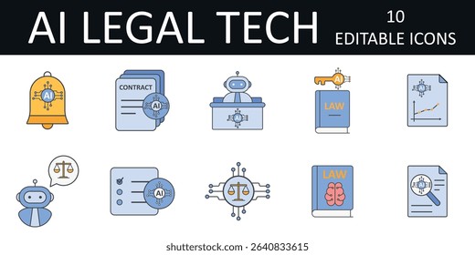 AI in Legal Tech icon sheet featuring AI contract overlay, smart legal document, digital justice scales, neural law book, notification bell, key on law book, courtroom assistant, predictive checklist