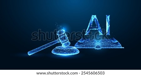 AI legislation concept with open book, gavel, and AI letters on dark blue background. Governance, regulation, and ethical frameworks in technology. Glowing low polygonal abstract vector illustration.