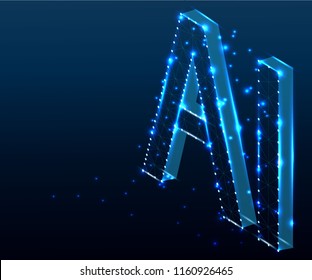 AI Letter (Artificial Intelligence), 3D Isometric. Polygonal low poly design. Wireframe polygon concept. Abstract vector illustration with polygon, line, connecting dots, origami.