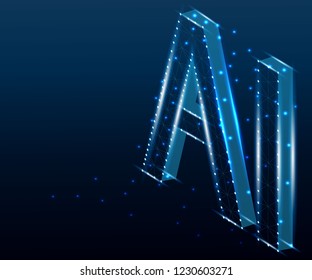 AI Letter Artificial Intelligence , 3D Isometric. Polygonal low poly design. Wireframe polygon concept. Abstract vector illustration with polygon, line, connecting dots, origami.