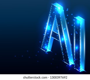 AI Letter (Artificial Intelligence), 3D Isometric. Polygonal low poly design. Wireframe polygon concept. Abstract vector illustration with polygon, line, connecting dots, origami.