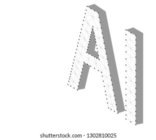 AI Letter Artificial Intelligence , 3D Isometric. Polygonal low poly design. Wireframe polygon concept. Abstract vector illustration with polygon, line, connecting dots, origami.