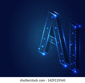AI Letter (Artificial Intelligence), 3D Isometric. Polygonal low poly design. Wireframe polygon concept. Abstract vector illustration with polygon, line, connecting dots, origami.