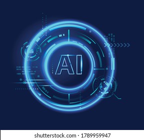 AI Letter Neon light (Artificial Intelligence) logo banner, neural network, cybernetics, digital Hud futuristic and deep learning. Abstract technology background concept.