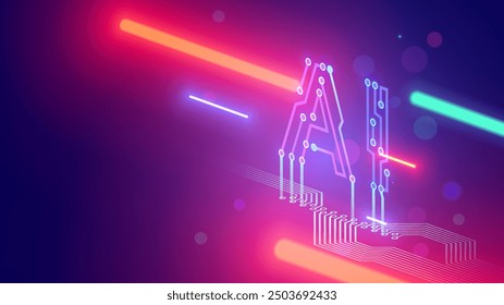 AI letters consist at pcb conductor in isometric. Logo or abbreviation AI in isometric on electronic industry background. Tech banner in hardware development style. Artificial intelligence background.