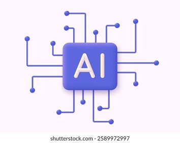 AI Letters on chip. CPU connected to data storage. Artificial intelligence technology in electronic chip. Data processing by artificial intelligence chip. 3D Web Vector Illustrations.