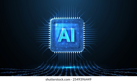 Letras de IA en chip. Tecnología de IA, núcleo de robot, línea eléctrica, inteligencia artificial, sistema de CPU, tecnología futura, concepto de computación en nube electrónica. Ilustración vectorial Abstractas