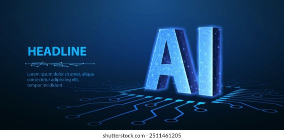 AI letters on circuit chip. AI technology, robot core, electric line, circuit board, artificial intelligence, cpu system, future tech, electronic cloud computing concept. Abstract vector illustration