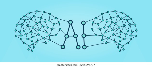 AI letters as part of neural network. Two brains connected to AI letters. Artificial intelligence backdrop. Applicable for education advertisement. Vector illustration.