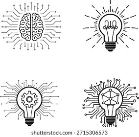 AI Lightbulb Icon Set, Brain Circuit, Innovation Tech, Idea Vector illustration