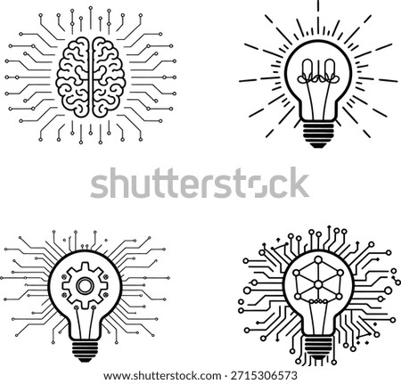 AI Lightbulb Icon Set, Brain Circuit, Innovation Tech, Idea Vector illustration
