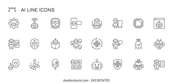 Icono de línea de audio. Robot de inteligencia artificial, bot de voz y texto, visión de computadora y reconocimiento de voz, red neuronal y aprendizaje automático. Conjunto aislado de vectores. Robot con chip en la cabeza