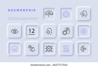 Ai line icon set. Machine learning, , data analysis, technology, hand, brain, binary code, eye, gear, connections, neurons. Neomorphism style. Vector line icon for business and advertising