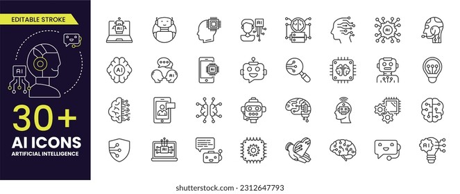 AI-Zeilensymbole. Bearbeitbare Strich-Icon-Set mit maschinellem Lernen, Set von Gehirn, ai, Kopf, Maschine, Technologie, AI-Chat und mehr. Sammlungen von AI-Symbolen mit bearbeitbarem Strich (Künstliche Intelligenz)