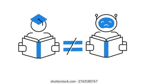 AI Literacy Gap Icon, Human vs AI Knowledge Difference Symbol, Artificial Intelligence Understanding Inequality Concept, AI Education Disparity Illustration Vector. Editable Stroke and Colors.