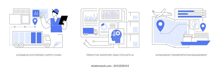 AI logistics abstract concept vector illustration set. AI-Enabled Eco-Friendly Supply Chain, Predictive Inventory Analytics, AI-Enhanced Transportation Management abstract metaphor.