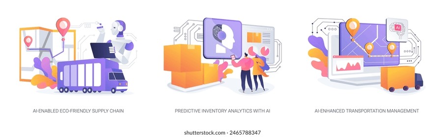 Conjunto de Ilustración vectorial de concepto abstracto de logística de IA. Cadena de suministro ecológica habilitada para IA, análisis de inventario predictivo, metáfora abstracta de gestión de Transportes mejorada por IA.