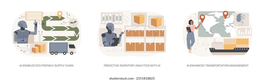 Conjunto de ilustração vetorial de conceito abstrato de logística de IA. Cadeia de suprimentos ecologicamente correta habilitada para IA, análise de inventário preditivo, metáfora abstrata de gerenciamento de transporte aprimorado para IA.
