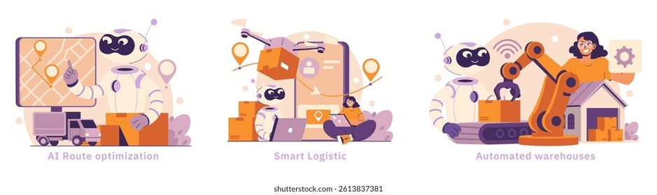 AI in logistics illustration. It represents AI route optimization, smart logistics with drones, and automated warehouses, showcasing how technology enhances efficiency in supply chain management