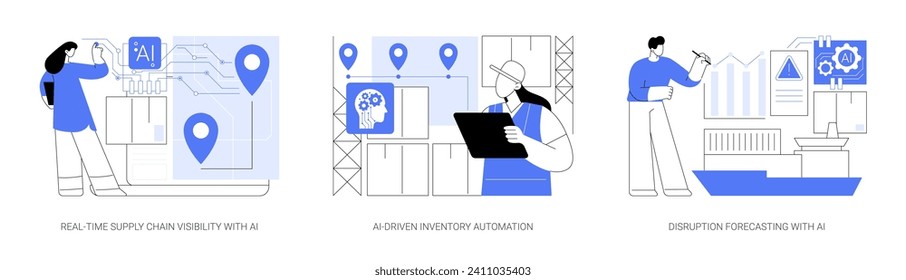 IA en la logística y almacenamiento conjunto de ilustraciones vectoriales conceptuales abstractas. Visibilidad en tiempo real de la cadena de suministro con IA, automatización de inventarios impulsada por IA, predicción de perturbaciones con metáfora abstracta de IA.