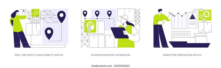 AI in logistics and warehousing abstract concept vector illustration set. Real-Time Supply Chain Visibility with AI, AI-Driven Inventory Automation, Disruption Forecasting with AI abstract metaphor.
