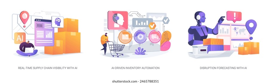 AI in logistics and warehousing abstract concept vector illustration set. Real-Time Supply Chain Visibility with AI, AI-Driven Inventory Automation, Disruption Forecasting with AI abstract metaphor.