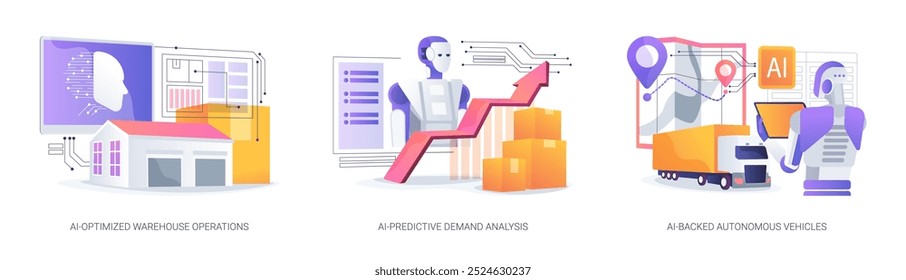 AI em Logística e Warehousing conceito abstrato vetor ilustração conjunto. AI-Otimized Warehouse Operations, AI-Predictive Demand Analysis, AI-Backed Autonomous Self-driving Vehicle abstract metaphor.