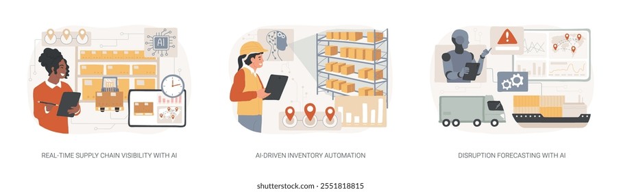 AI in logistics and warehousing abstract concept vector illustration set. Real-Time Supply Chain Visibility with AI, AI-Driven Inventory Automation, Disruption Forecasting with AI abstract metaphor.