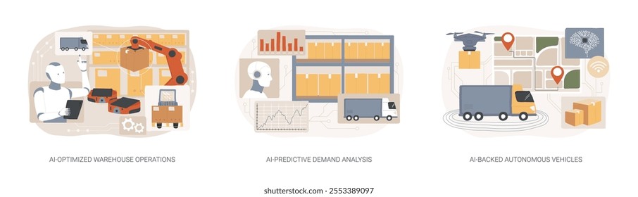 AI in Logistics and Warehousing abstract concept vector illustration set. AI-Optimized Warehouse Operations, AI-Predictive Demand Analysis, AI-Backed Autonomous Self-driving Vehicle abstract metaphor.