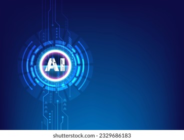 AI Logo Artificial Intelligence. Abstract futuristic digital technology on blue background. Circuit and tech circle. Banner, poster, cover