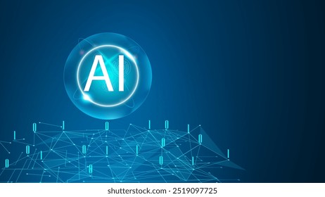 Ai logotipo azul ou fundo de inteligência artificial. Transferência de dados de design de aprendizado de máquina com círculo brilhante, linha abstrata e biner