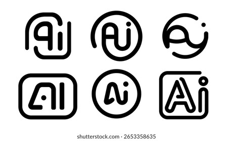 AI Logo Design Template Black Line Style. Artificial Intelligence Outline Icons. Modern Logotype For Digital Automatisation Tech Branding, Startup Identity, Apps, Futuristic UI. Vector Illustration.