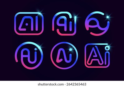 AI Logo Design Template Neon Gradient Style. Artificial Intelligence Outline Icons. Modern Logotype For Digital Automatisation Tech Branding, Startup Identity, App, Futuristic UI. Vector Illustration